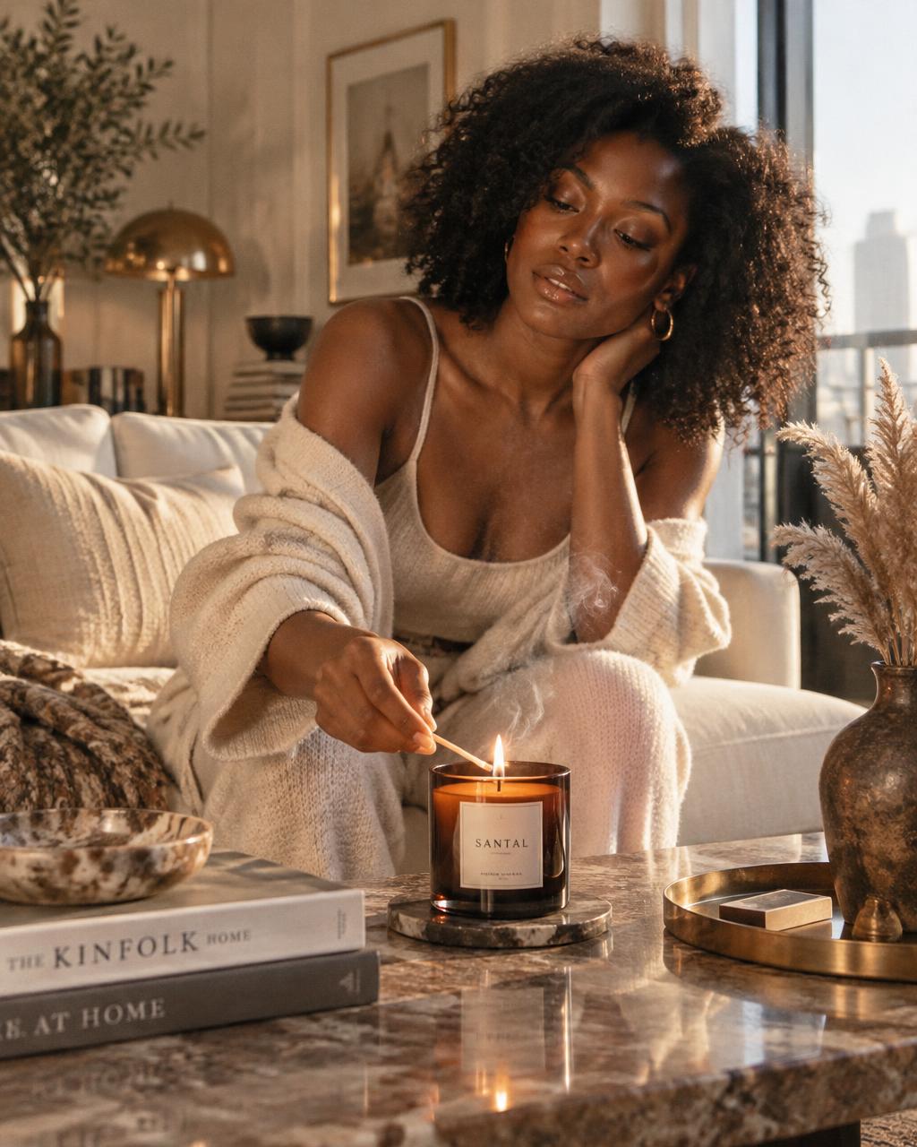 Woman lighting a candle in a warm, modern living room